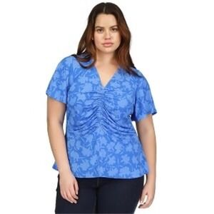 Michael Kors Blue‎ Floral Print V-Neck Flutter Sleeve Ruched Top size 1X
